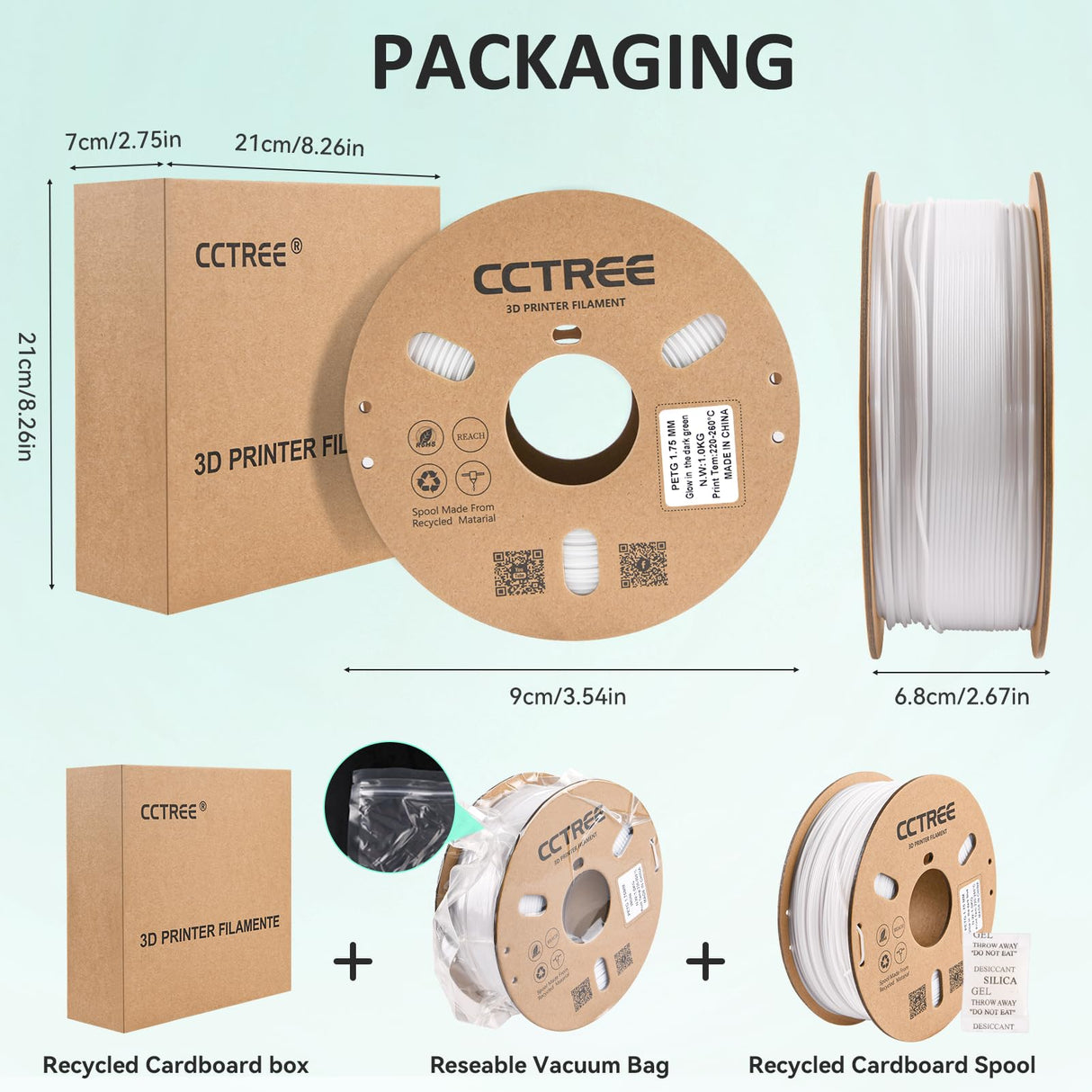 CCTREE High Speed Printing PETG Filament 1.75mm,3D Printer Filament 1KG Spool,Easy Print Filament Accuracy±0.03mm Glow in Dark Green CCTREE