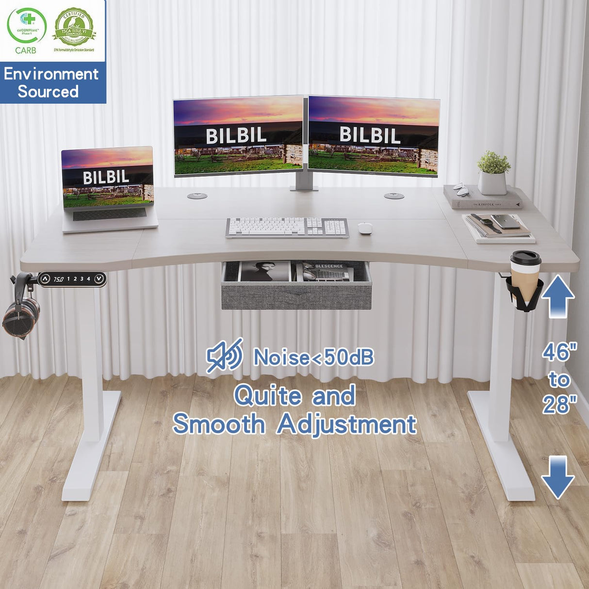 bilbil 63x30 Inches Dual Motor Electric Standing Desk with Drawer, Height Adjustable Sit Stand Up Desk with 4 Splice Boards, Home Office Desk Computer Workstation with Pale Pearwood Top/White Frame bilbil