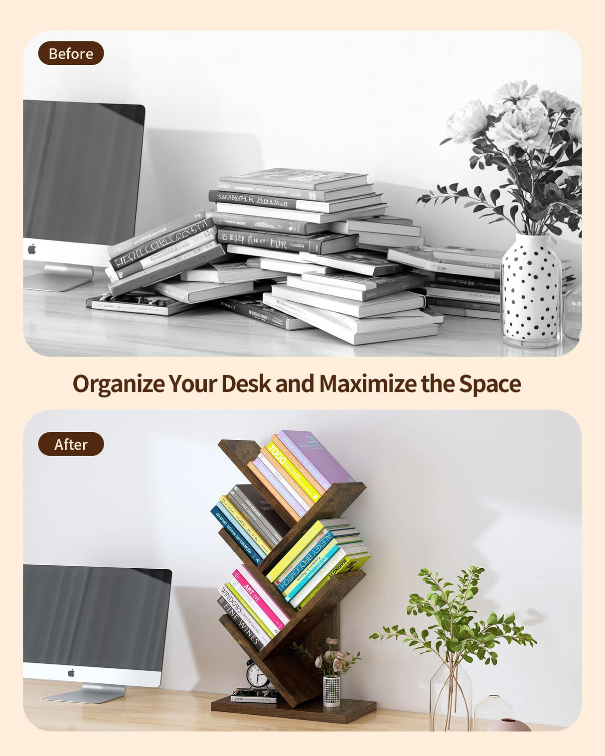 Godferyxin Tree Bookshelf with Liting,Small Bookshelf LED and Desktop Book Shelf for Office, Home or School Mini Bookcase for Wood Displaying Books, CDs, Magazines Wood Shelf Rack Godferyxin