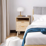 AILEEKISS Rattan Nightstands Set of 2 with Wireless Charging Station Modern Bedside Tables with Solid Wood Feet Night Stands Set of 2 with Drawers and Open Storage Shelf for Bedroom (Natural 2 Sets) AILEEKISS