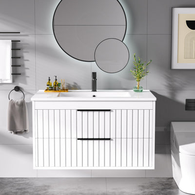 Buytime 30" Bathroom Vanity with Sink, Floating Vanity Bathroom Sink Cabinet Wall Mount, Soft-Close Function 2 Large Drawers, Grooved Stripe Design, Hidden Damping Drawers, White