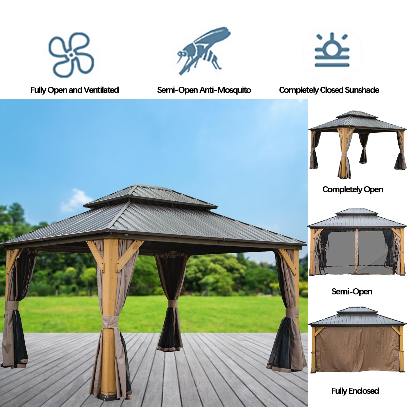 12x14ft Hardtop Gazebo Cedar Wood Frame, Outdoor Gazebo with Galvanized Steel Double Roof, Grill Gazebo Suitable for Patios, Backyards and Lawns - WoodArtSupply