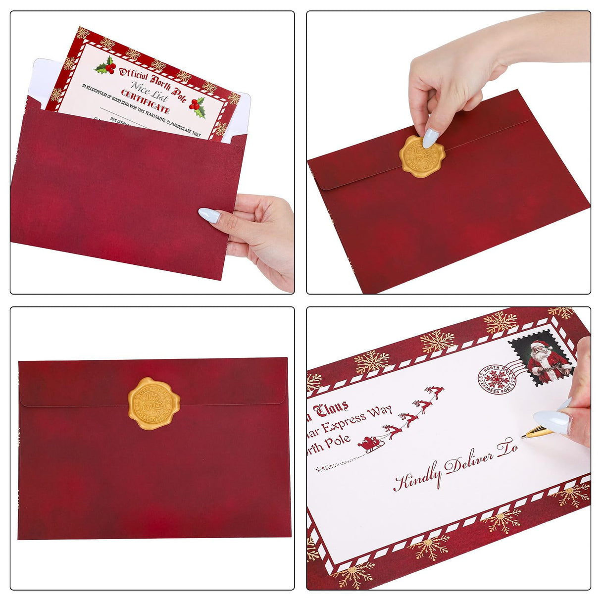 JarThenaAMCS 25Pcs Christmas Official Letters From Santa Set Include 5Pcs Vintage Gold Snowflake Writing Paper 5Pcs Certificates 5Pcs Envelopes 10 Stickers For Mailbox Family Party Favors JarThenaAMCS