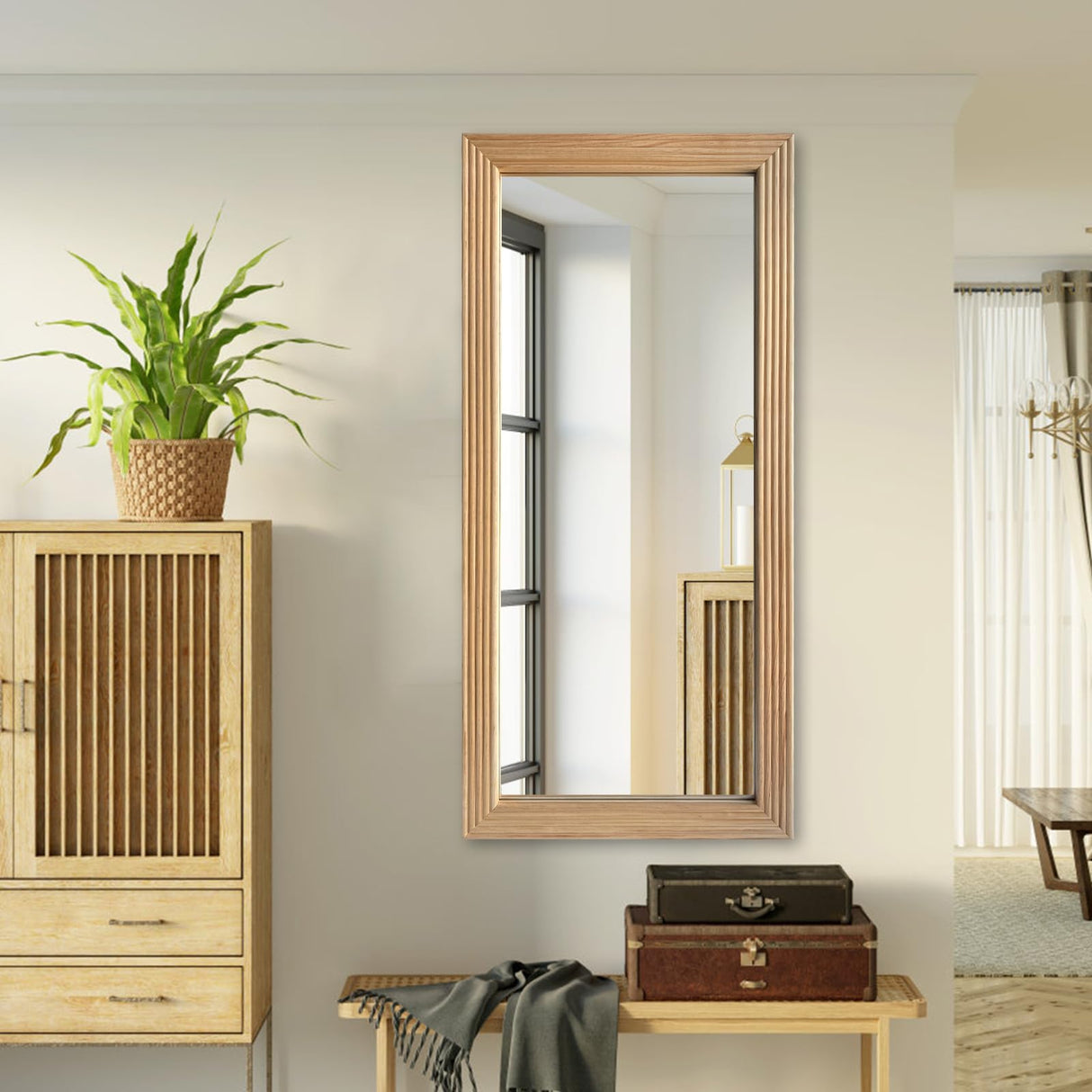 DAOYIJIAJU Large Wooden Framed Wall Mirror, Rustic Natural Wood Hanging Mirror, Farmhouse Wall Mirror for Bathroom Vanity Bedroom Living Room, Vertical or Horizontal Hanging, 47" x 22" DAOYIJIAJU