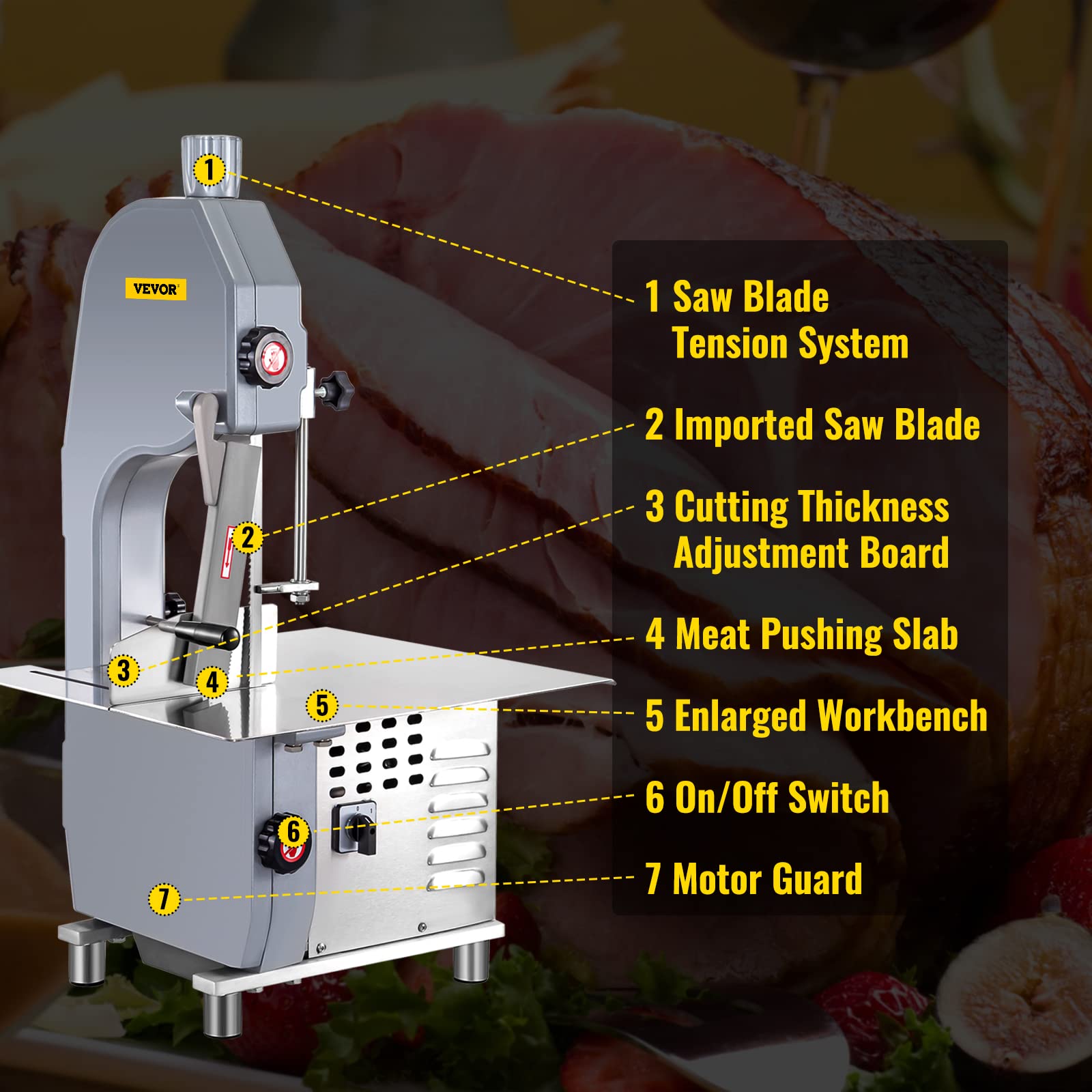 VEVOR 110V Bone Saw Machine, 1500W Frozen Meat Cutter, 2.1HP Butcher Bandsaw, Thickness Range 4-180mm, Max Cutting Height 215mm, Worktable 19.3x17.3inch, Sawing Speed 19m/s, Equipped with 6 S - WoodArtSupply