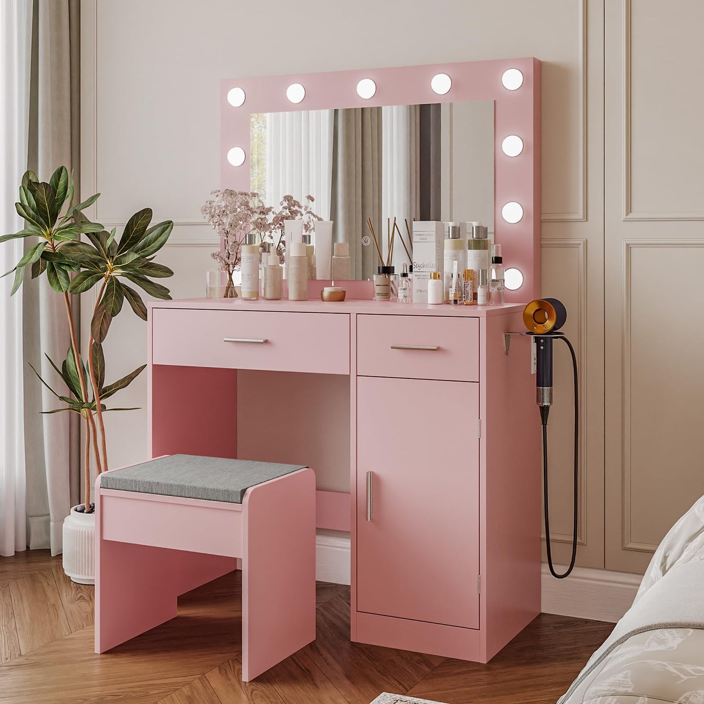 Viaozutis Vanity, Vanity Desk with Mirror, Large Drawer and Power Socket with 11 Light Bulbs and 3 Adjustable Lighting Modes, Vanity Table Ideal for Bedroom (Pink)