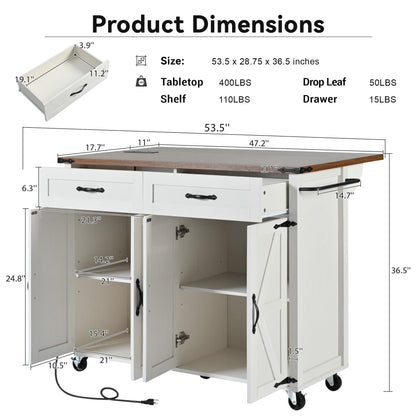 Amposei Farmhouse Rolling Kitchen Island with Power Outlet, Drop Leaf Breakfast Bar, Wooden Mobile Storage Island Cart on Wheels with Drawers, Spice Rack for Kitchen Dining Room (Retro White)