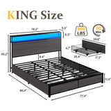 Lifezone King Bed Frame with 2-Tier Storage Headboard, Metal Platform Bed Frame with 4 Storage Drawers, Built in Charging Station & LED, Noise-Free/Metal Support/No Box Spring Needed, Rustic Grey Lifezone