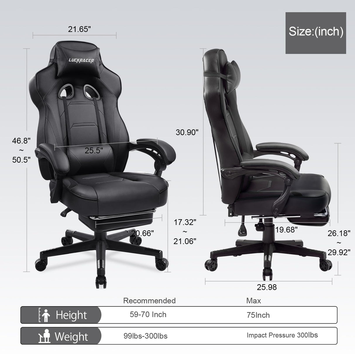 LUCKRACER Gaming Chair, Video Game Chairs Gaming Computer Chair with Footrest 350Lb Heavy Duty Gaming Chair Ergonomic Office Chair Lumbar Support for Adults, High Back, Swivel Seat, Recliner(Black) LUCKRACER