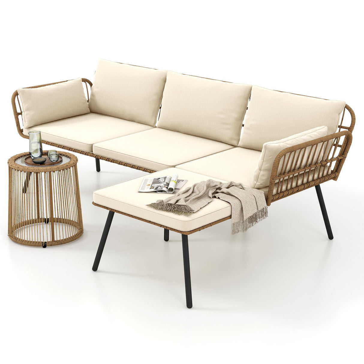 DWVO Patio Furniture Set 3 Piece Outdoor Wicker Conversation Set with Detachable Cushions and Coffee Table L-Shaped Sectional Sofa Set Outdoor Furniture Set for Backyard Porch Deck - Beige DWVO