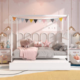 KOMFOTT Space-Saving Full Wood Canopy Bed with Twin Trundle for Kids - Easy Assembly in White KOMFOTT