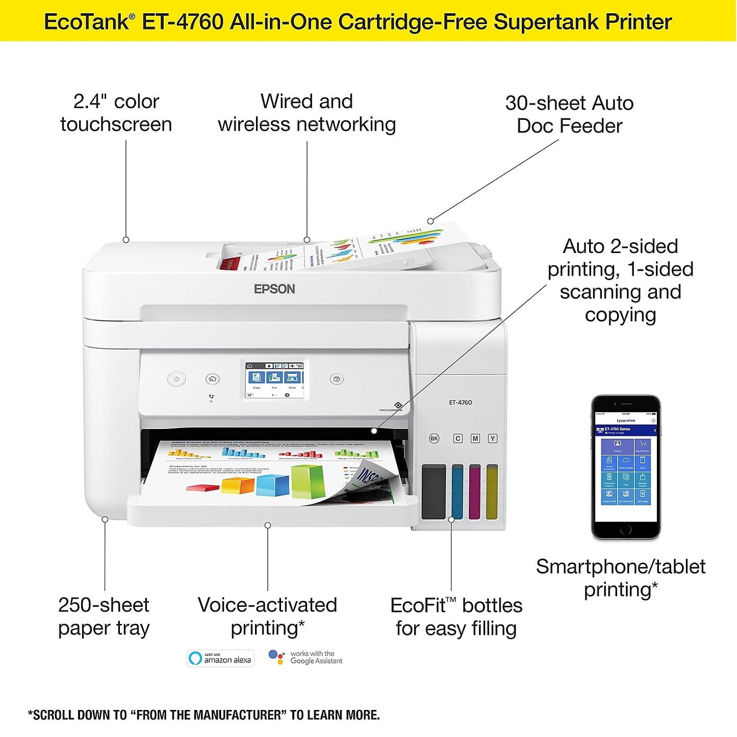 Epson EcoTank ET-4760 Wireless Color All-in-One Cartridge-Free Supertank Printer with Scanner, Copier, Fax, ADF and Ethernet - White