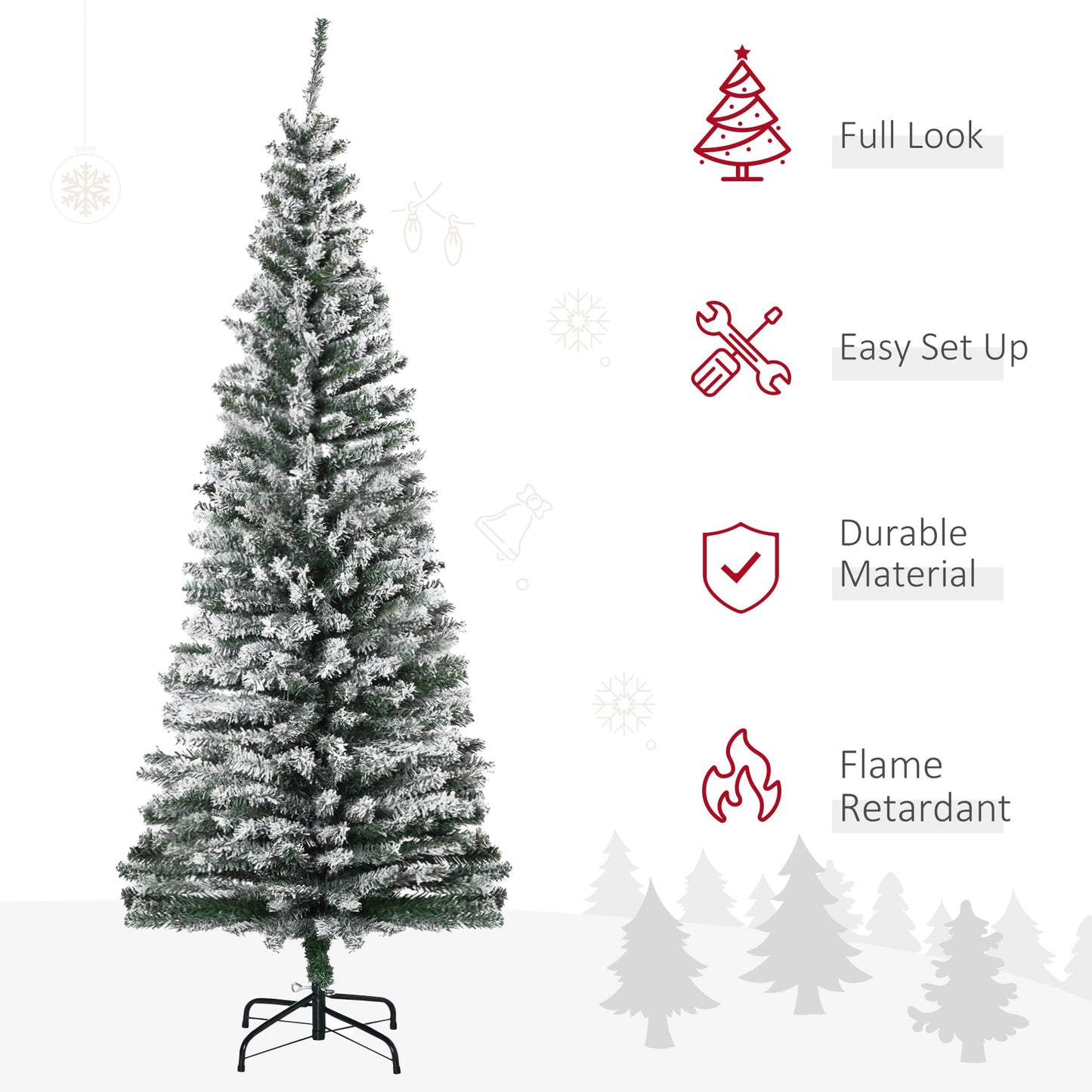 HOMCOM 6' Tall Unlit Snow-Flocked Slim Artificial Christmas Tree with Realistic Branches and 492 Tips