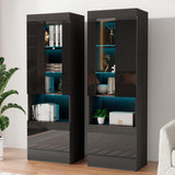 AMERLIFE 2 Piece 5-Tier High Gloss LED Lights Bookcase with Glass Doors, 71" Tall Modern Bookshelf Display Storage Cabinet Set of 2 with Adjustable Glass Shelves for Living Room, Office, Black AMERLIFE