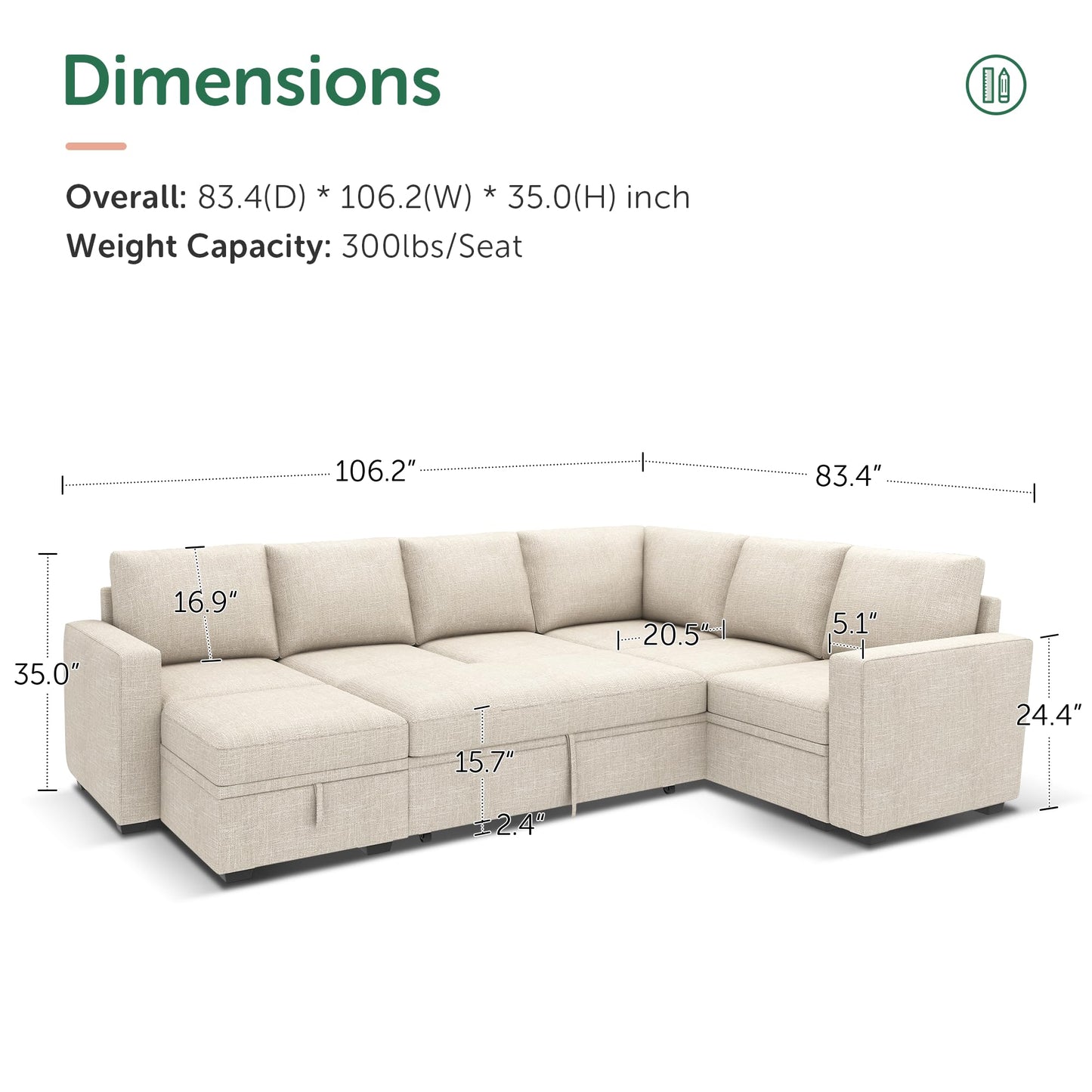 HONBAY Modular Sectional Sleeper Sofa with Pull Out Bed, U Shaped Sectional Couch with Storage Ottoman Convertible 7-Seater Sofa, Beige