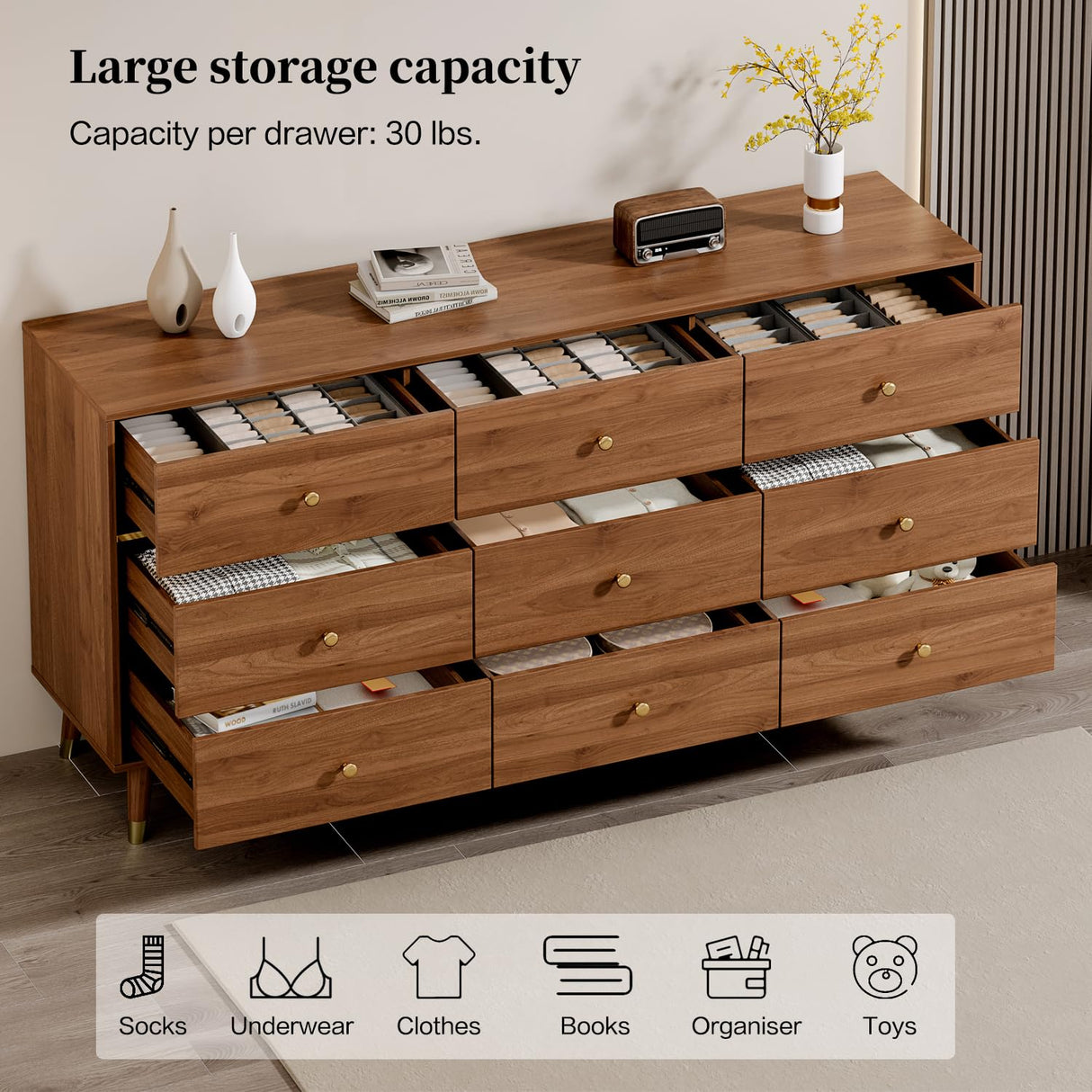 Chrangmay 9 Drawer Dresser,63" Wide Mid Century Modern Chest of Drawers,Wooden Bedroom Drawer Dresser with 9 Storage Drawers for Bedroom, Living Room,with Anti-Tipping Device,Walnut Chrangmay