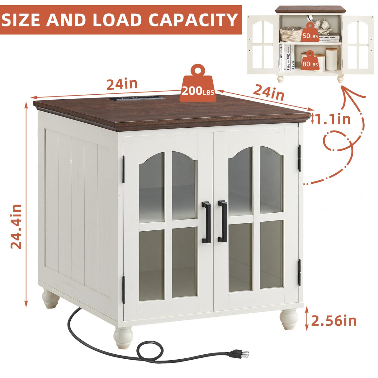 RWYHG Farmhouse End Table Set of 2 with Charging Station, 18'' Narrow Side Table and 24" Large Sofa Side Table with Glass Barn Door Storage, Wood Night Stand Bedside Table for Living Room,Bedroom RWYHG