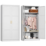 Superday Metal Wardrobe Closet, 72" H Bedroom Armoires with Wooden Handle, Storage Cabinet with Adjustable Shelves and Hanging Rods, Steel Storage Locker Closet for Home, Office, Employee, Gym (White) Superday