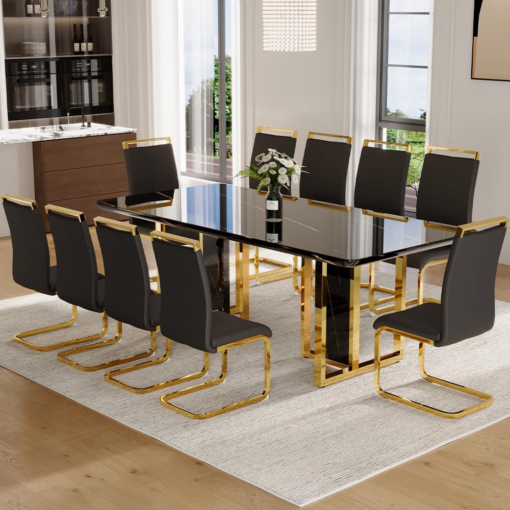 MEMUY 79" Black Dining Table Set for 10,Large Dining Room Table Top with Golden Metal Legs, Glossy Black Kitchen Room Table Set for 10-12 Person,Dining Room Table with 10 Black Golden Chairs MEMUY
