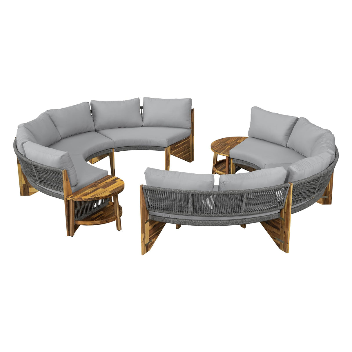 6-Person Outdoor Seating Group with Coffee Table, Half Moon Patio Sectional Sofa Set, All Weather Conversation Sofa Set with Acacia Wood Frame and Thick Cushions for Backyard Poolside (Grey+Acacia) XD Designs