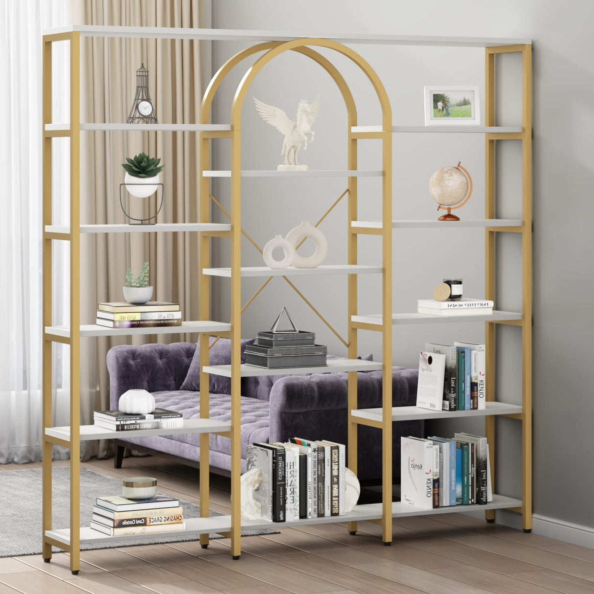 Gyfimoie Triple Wide Gold Bookshelf, 70.87" W x 71.34" H Large Modern Etagere Bookcase, Tall Display Shelf with 13-Tier Open Shelves, Freestanding Staggered Storage Shelf for Home Office (White/Gold) Gyfimoie