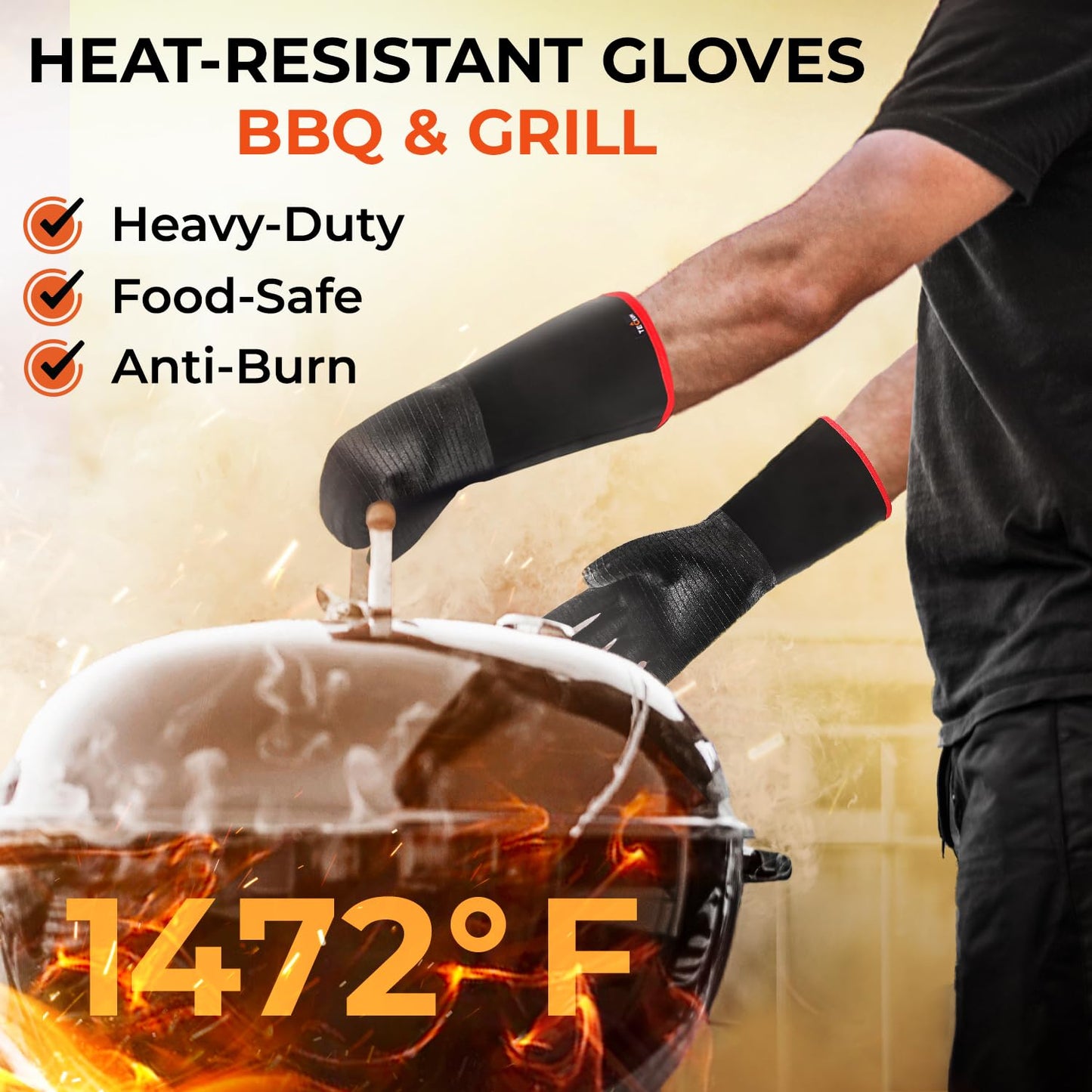 TECEUM BBQ Grill Gloves – Extreme Heat Resistant 1472 F – Extra Long Sleeve Protection – Non Slip Grip Oven Gloves for Barbecue, Grilling, Cooking, Smoking, Deep Frying, Rotisserie – XL Size