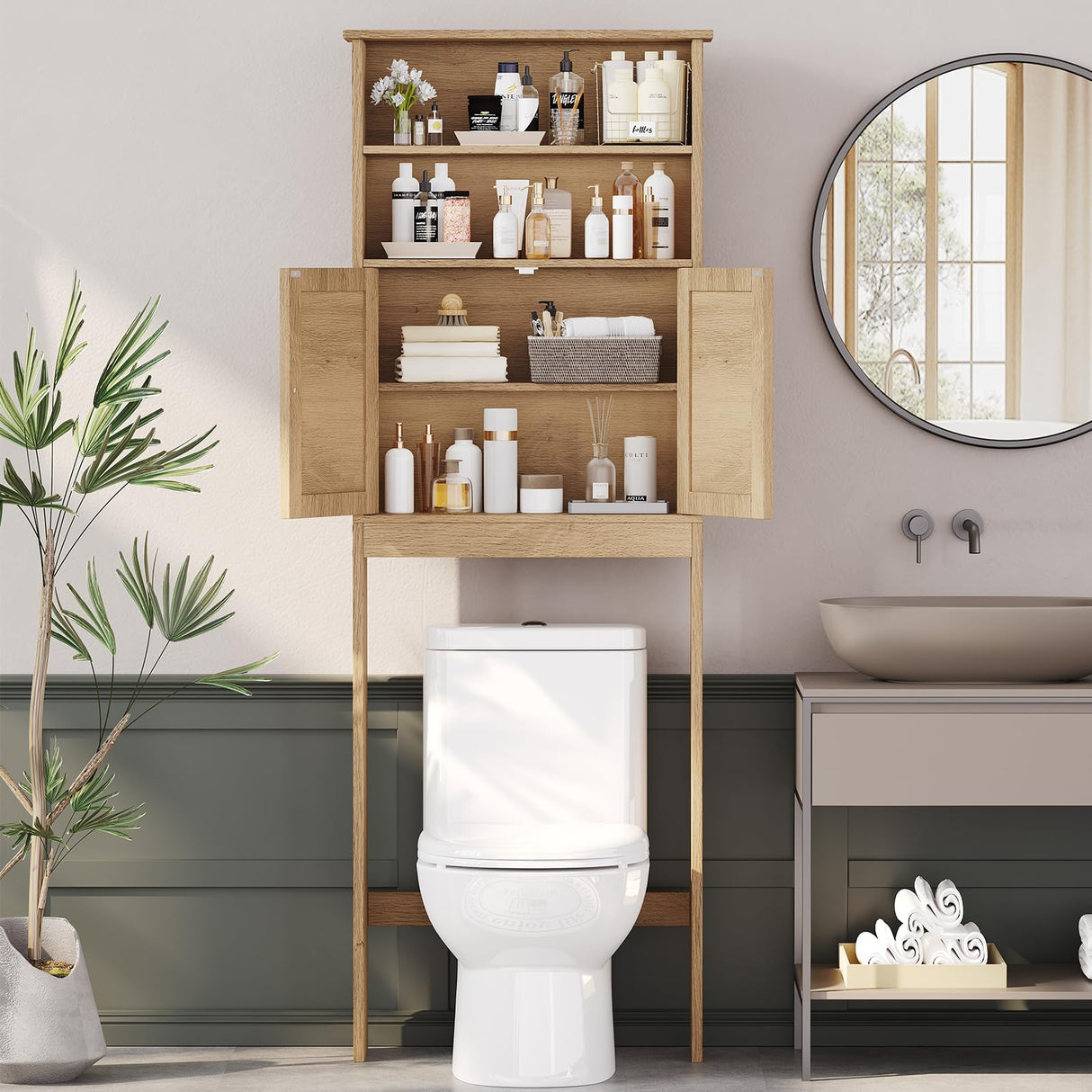 Reettic Tall Over The Toilet Storage with Two Doors, Floor Bathroom Space Saver with Inner Adjustable Shelf, Wooden Bathroom Cabinet Organizer Over Toilet, Natural BMGZ151M Reettic