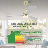 BOJUE 52 inch Gold Ceiling Fans with Lights and White Solid Wood Fan Blades - Modern Ceiling Fan with Remote for Indoor/Outdoor Farmhouse, Low Profile Bedroom, Patio - Gold Finish and White Blades BOJUE