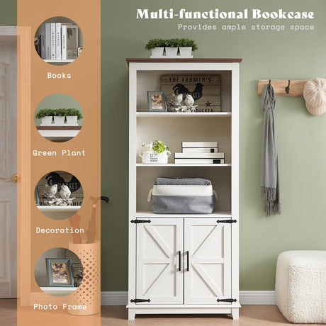 AMERLIFE Farmhouse Bookcase with Doors, 5 Shelf Bookshelf Storage Cabinet with Adjustable Shelves & Barn Door, Versatile Storage Pantry Cabinet for Bedroom, Living Room, Kitchen, Rustic White(2pcs) AMERLIFE