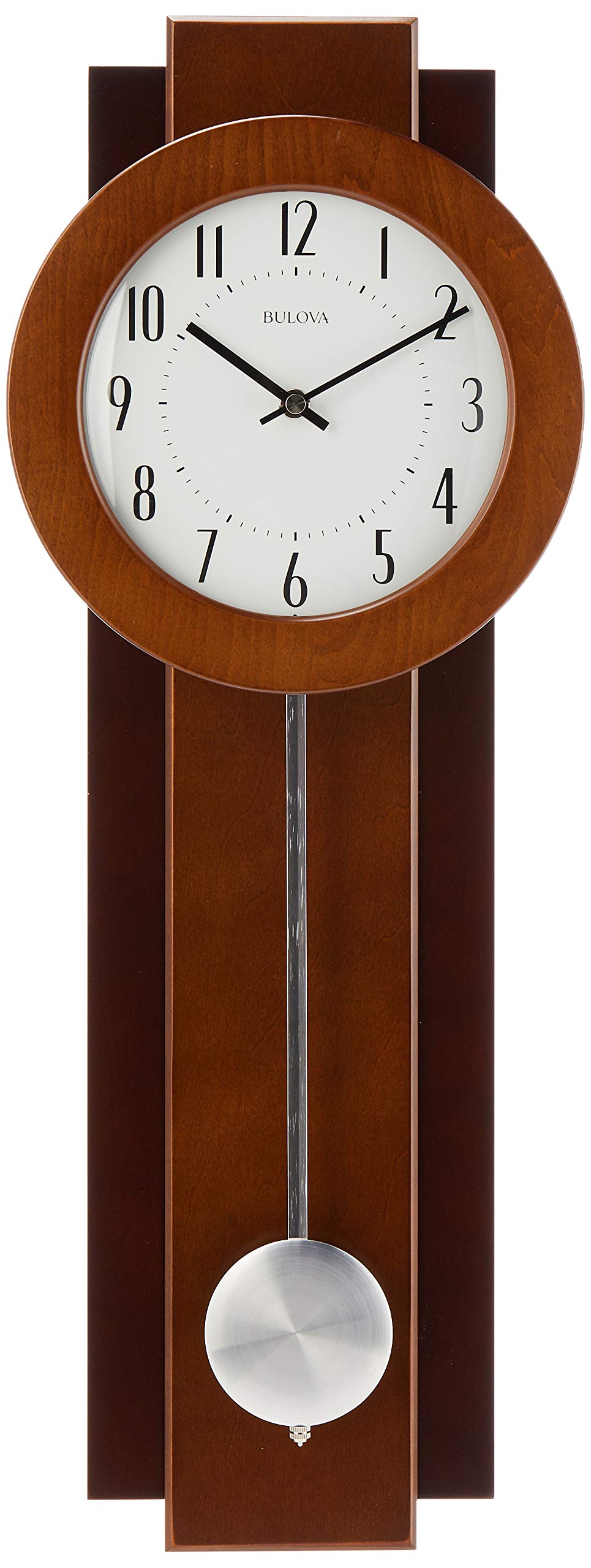 Bulova C3383 Avent Wall Clock | Two-Tone Wooden Case with Slow-Swing Pendulum | Arabic Numerals | Personalization Plate | 23.5" Height Bulova