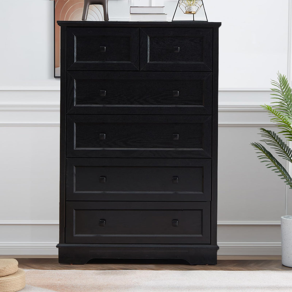 NONGSHIM Farmhouse 6 Drawer Dresser, Dresser Chest of Drawer for Bedroom Organizer Storage, 48 Inch Tall Dresser, Wood Dresser Storage Cabinet for Living Room, Entryway, Hallway, Kids Room, Black NONGSHIM