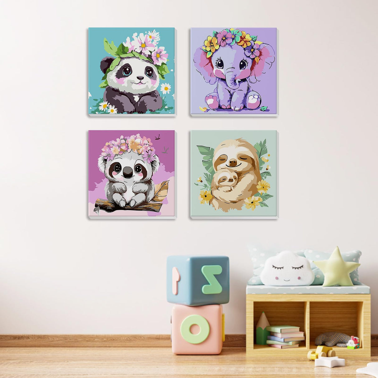 MXJSUA 4 Pack Framed Cute Animals Paint by Numbers for Kids Ages 6-12, Panda Elephant Sloth Koala Paint by Number Kits for Children Beginner, Acrylic Oil Painting for Home Wall Decor (8x8inch) MXJSUA