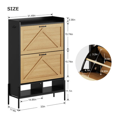 Shoe Cabinet with 2 Flip-Up Drawers, Hidden Shoe Storage Cabinet with Open Storage for Entryway, Shoe Organizer Cabinet with Adjustable Support Stand, Hardware Metal Knob, Natural Door & Blac - WoodArtSupply