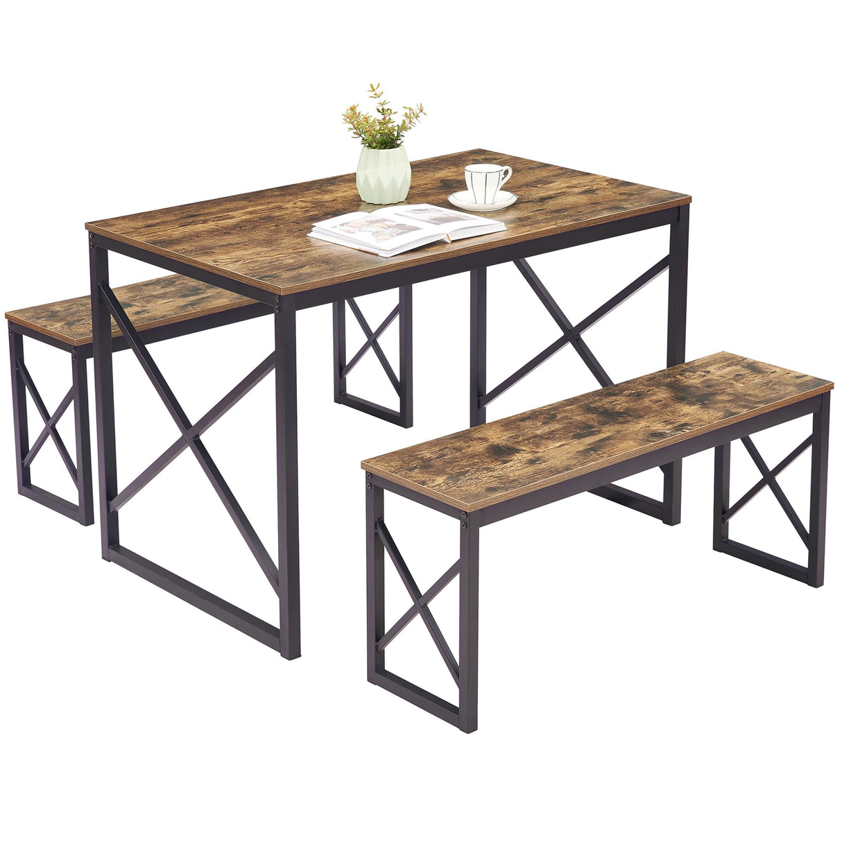 VECELO Kitchen Table with 2 Benches for 4, Wood Dining Room Dinette Sets with Metal Frame for Breakfast Nook and Small Space, Brown VECELO