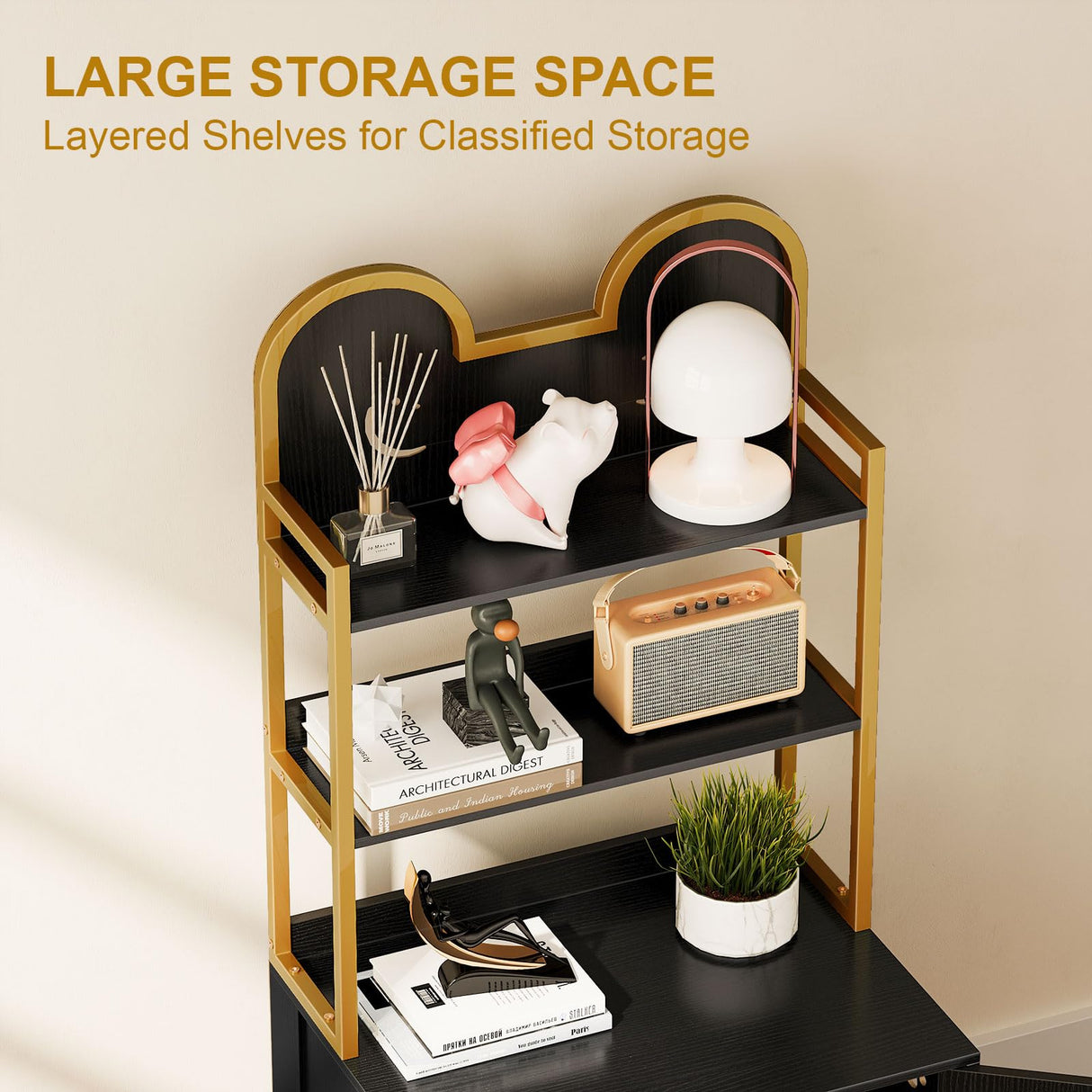 Snughome Cat Litter Box Enclosure with Storage Shelves, Indoor Hidden Cat Litter Box Enclosure Furniture, Wooden Cat Washroom Furniture Cabinet with Metal Frame, Modern Style, Black and Gold Snughome