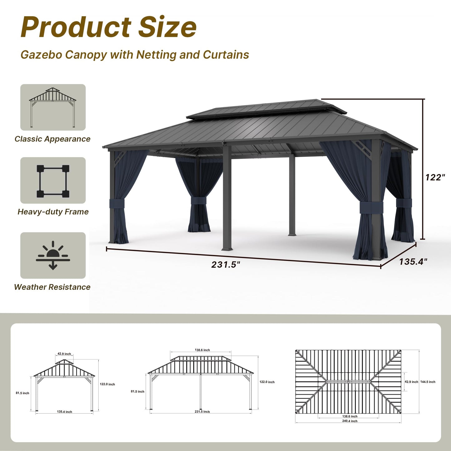 Gotland 2024 New 12' x 20' Hardtop Gazebo, Outdoor Iron Metal Double Roof Pergola with Curtains and Netting for Patio, Garden, Lawn, Navy - WoodArtSupply