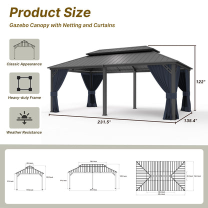 Gotland 2024 New 12' x 20' Hardtop Gazebo, Outdoor Iron Metal Double Roof Pergola with Curtains and Netting for Patio, Garden, Lawn, Navy - WoodArtSupply