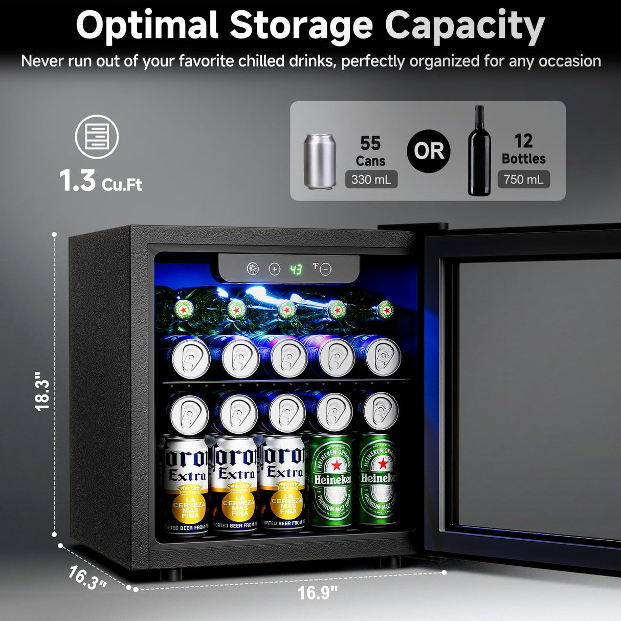 Feelfunn Beverage Refrigerator Cooler - 12 Bottle 50 Can Mini Fridge with Glass Door, Soda Wine Beer Drink Fridge - Small Refrigerator for Office Home Bedroom Dorm Bar, 1.3 Cu.Ft, Black Feelfunn