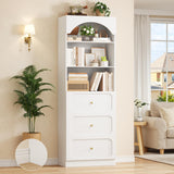 Cyclysio 80" Tall Bookshelf with 3 Drawers, Arched Bookcase with 3-Tier Open Shelves, Wooden Pantry Storage Organizer Cabinets with Seamless Fit Wall for Living Room, Kitchen, Bathroom (White) Cyclysio