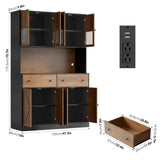 FINETONES 71" Pantry Cabinet with LED Light and Charging Station, Farmhouse Kitchen Pantry Cabinet with Microwave Stand, 47.2" Wide Kitchen Hutch Food Pantry with Open Countertop, Black/Brown FINETONES