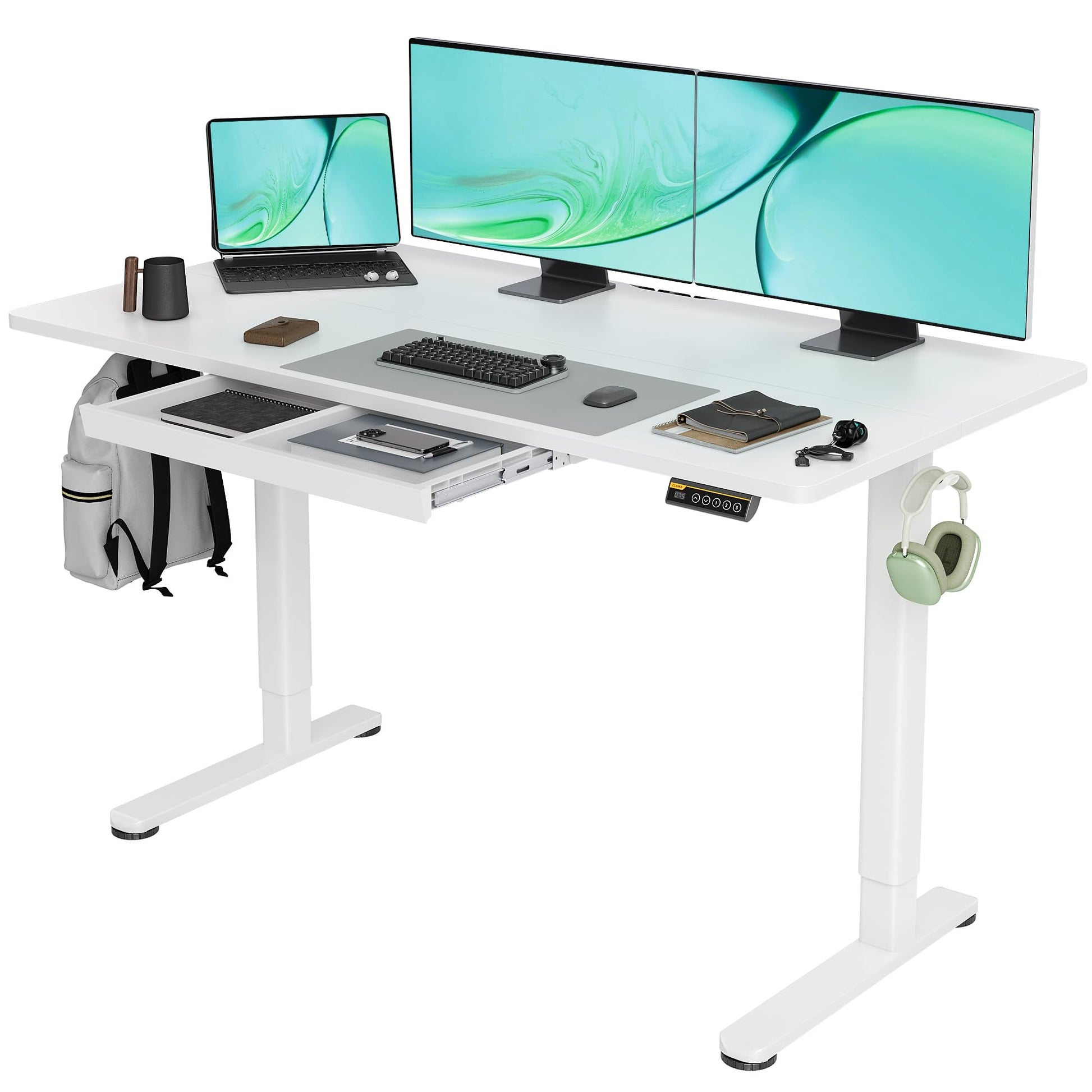 Claiks Standing Desk with Drawers, Stand Up Electric Standing Desk Adjustable Height, Sit Stand Desk Computer Workstation, 55 Inch, White - WoodArtSupply