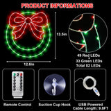 Christmas Wreath Window Lights Decorations, 13.5 IN 82 LED Lighted Christmas Wreath with Bow, Remote Control Timer USB Powered Window Silhouette Lights for Home Door Wall Home Winter Xmas Party Decor CESOF
