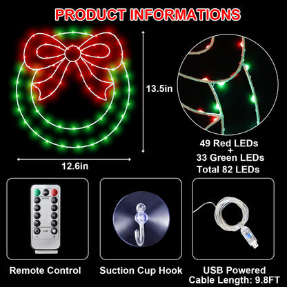 Christmas Wreath Window Lights Decorations, 13.5 IN 82 LED Lighted Christmas Wreath with Bow, Remote Control Timer USB Powered Window Silhouette Lights for Home Door Wall Home Winter Xmas Party Decor