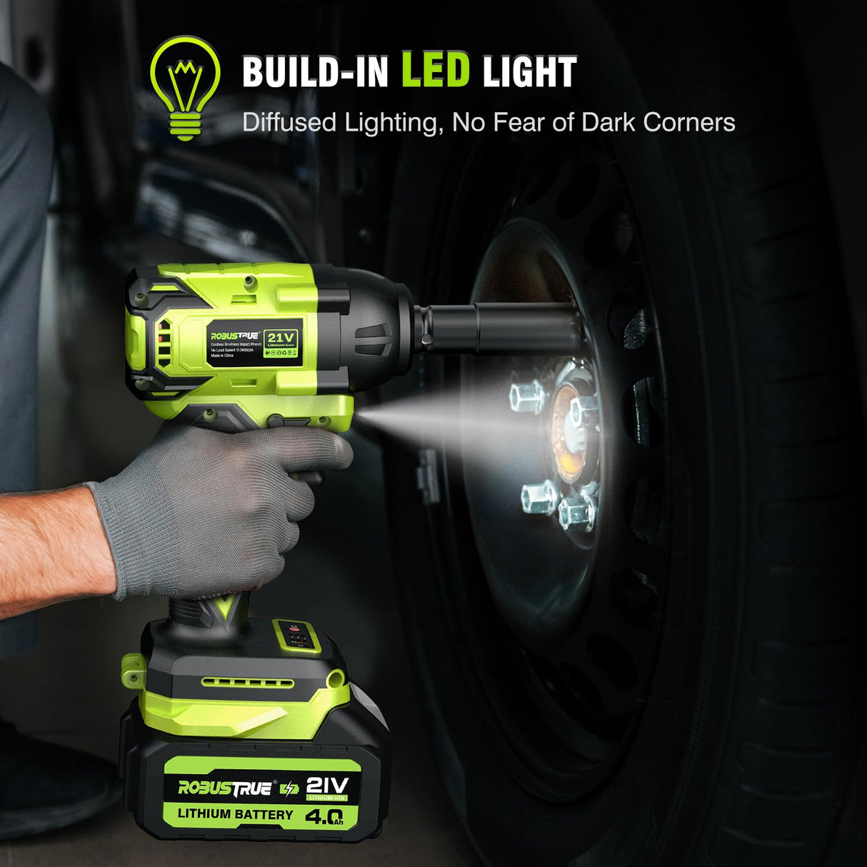 Robustrue Cordless Impact Wrench, 406Ft-lbs (550N.m) Brushless 1/2 inch Impact Wrench, 2800RPM High Torque Impact Gun, 2x 4.0Ah Battery, Charger, 4 Sockets, Electric Impact Wrench for Car Home Robustrue