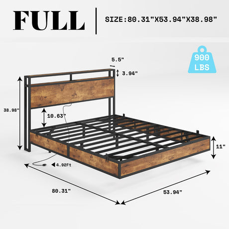 AMERLIFE Full Size Floating Bed Frame with LED Storage Headboard & Charging Station in Rustic Brown AMERLIFE