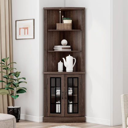 AMERLIFE Curved Corner Storage Cabinet, 65" Tall Freestanding Bookcase with Glass Doors & Adjustable Shelves, 5-Tier Corner Display Cabinet for Living Room, Bathroom, Laundry Room, Espresso - WoodArtSupply