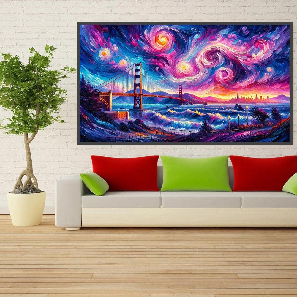 ijbnhd Large Diamond Painting Kits for Adults, 5D Van Gogh Extra Large Diamond Art Kits for Adults, DIY Full Drill Round San Francisco Bridge Gem Art for Home Wall Decor Gift 16X28inch ijbnhd