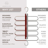 MORALVE Pants Hangers Space Saving - 2 Pack European Beechwood Scarf and Jean Hangers - Closet Organizer and Space Saver Pant Rack, Leggings Hanger, and Scarf Holder with 360° Swivel Hook MORALVE