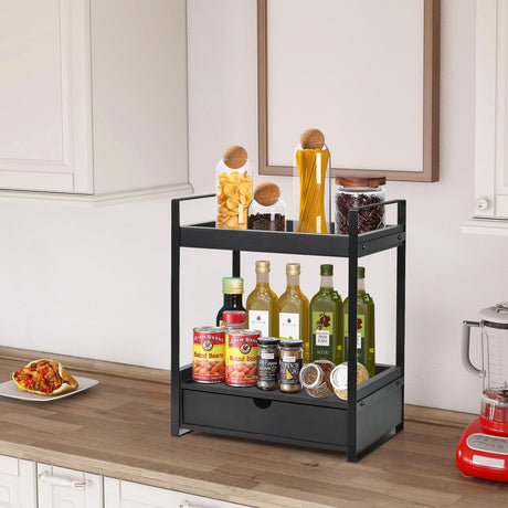 Ukonvi 2-Tier Bathroom Organizer Countertop with Drawer, Wood Counter Shelf for Storage, Vanity Tray for Organization and Decor, Countertop Organizer for Bathroom, Kitchen, Office (Black) Ukonvi