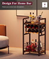 Ansionsol 3-Tier Wine Rack Freestanding Floor with Wood Top, Liquor Stand with Wine Bottle Holder, Corner Mini Bar Table for Small Space, Metal Whiskey Shlef for Kitchen, Cellar, Living Room, Black Ansionsol